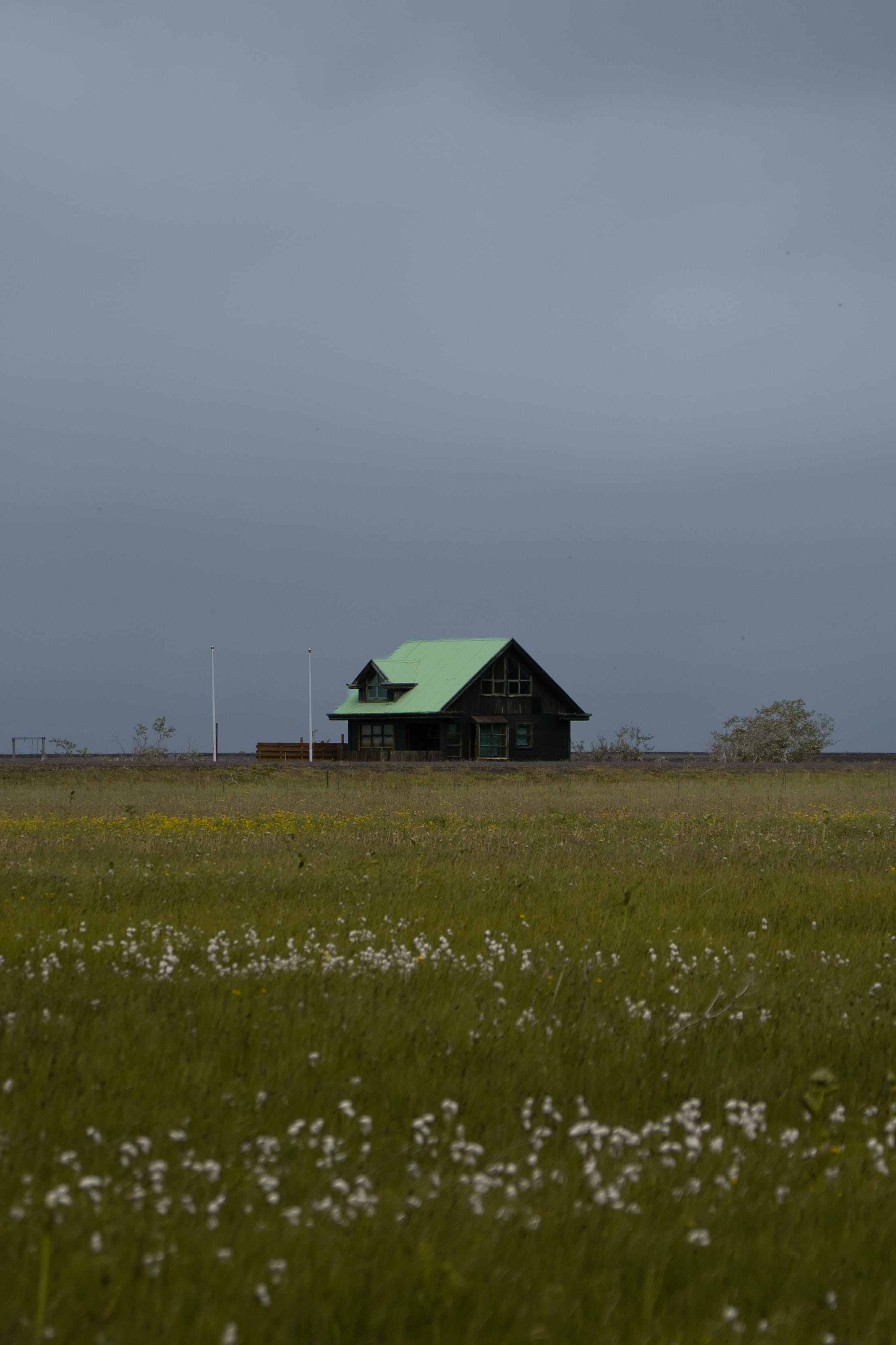 Dark brown cottage with green roof against grass